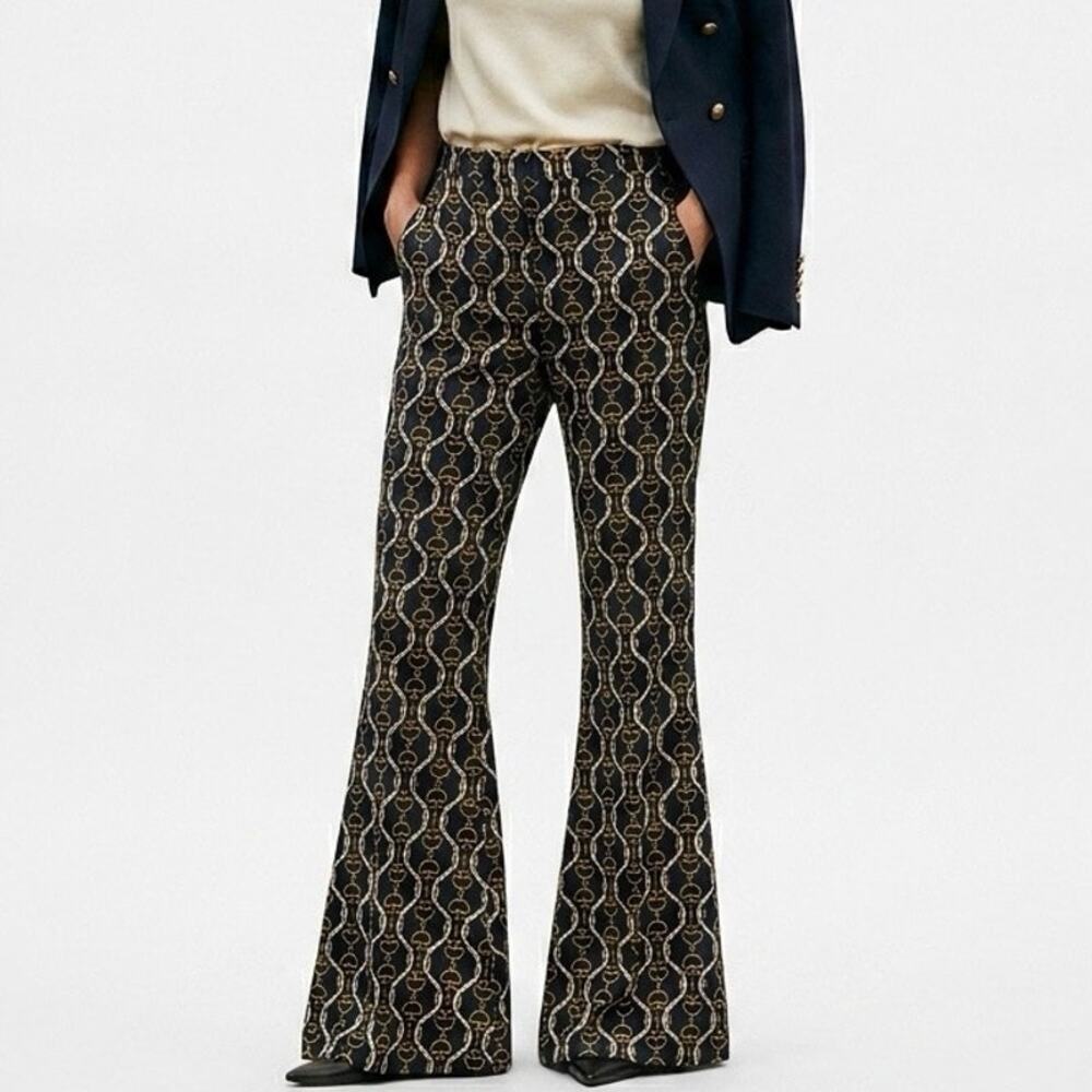 Zara Equestrian Print Pants Womens M Navy & Gold Horse Bit Chain & Buckle Tack